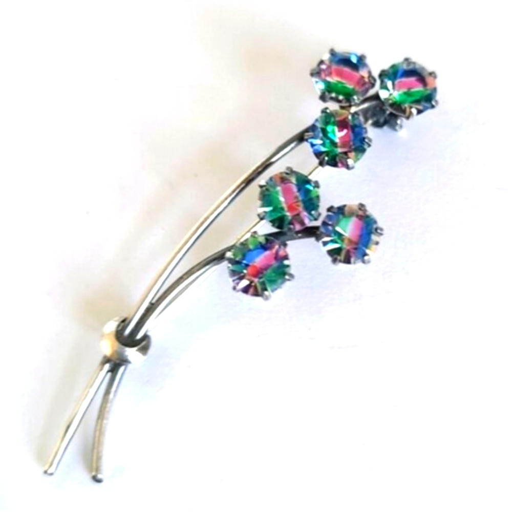 Vintage Art Deco 50s Green Colourful Iris Glass Sleek Floral Flower Brooch Pin
